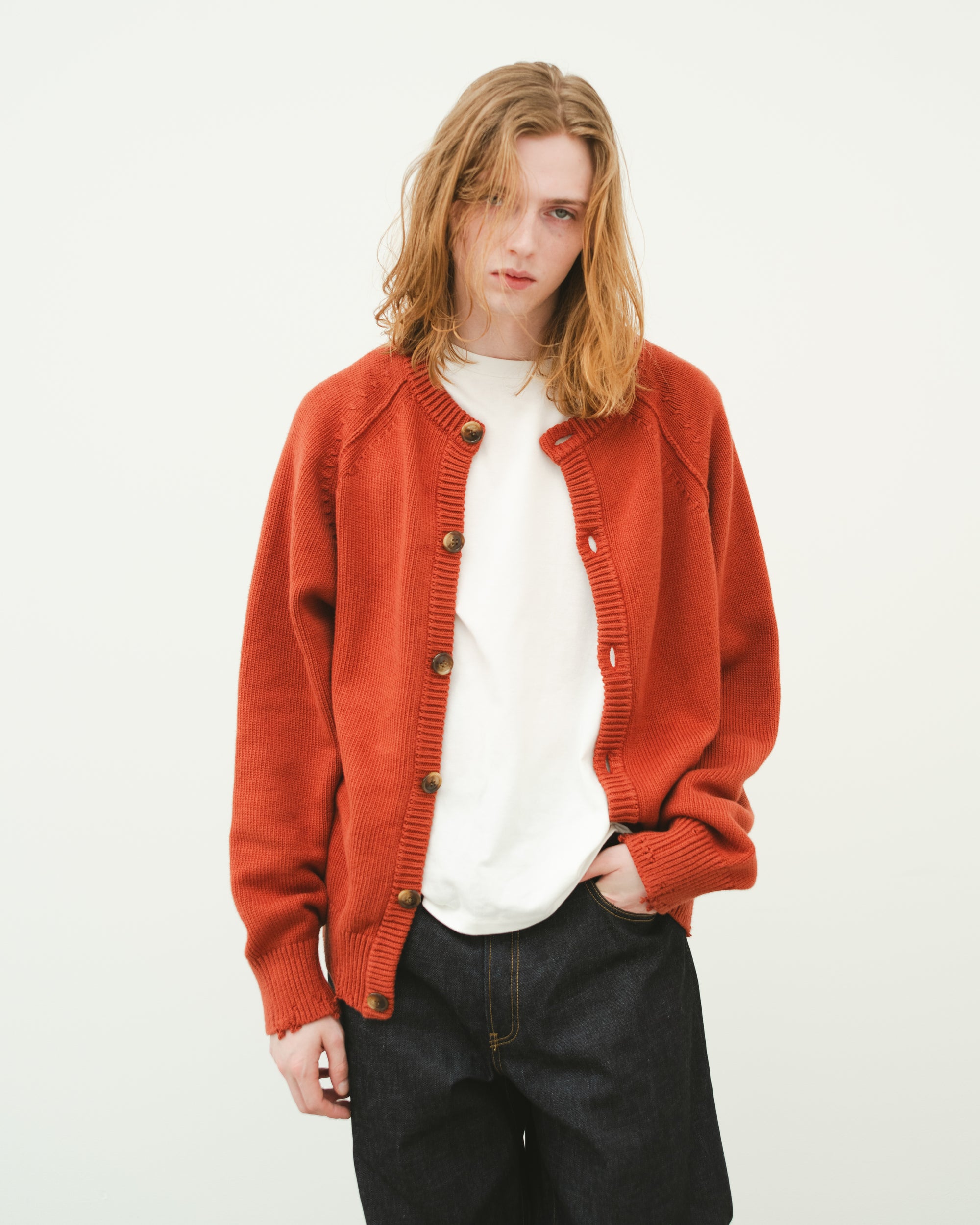 DISTRESSED COTTON CARDIGAN TERRACOTTA